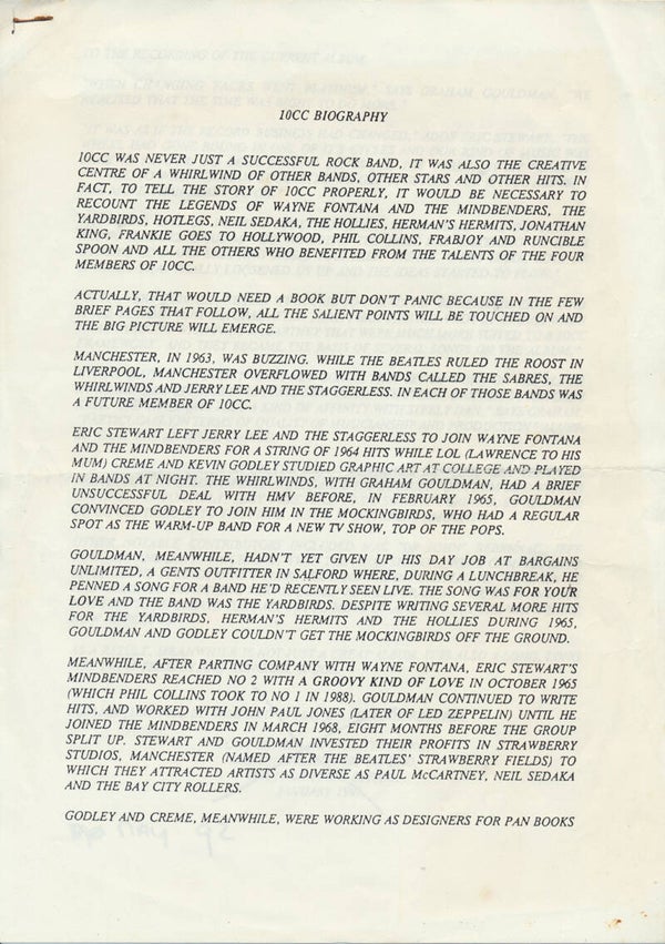 10CC - Biography May 1992 [UK] - Press Kit