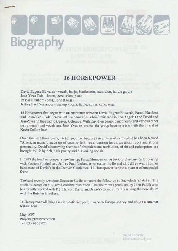 16 Horsepower - Biography May 1997/May 18, 1998 [Holland] - Press Release