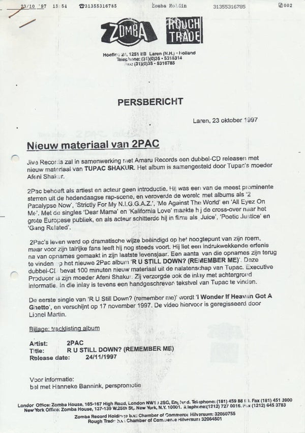 2Pac - Tupac - Persbericht - October 1997 [Holland] - Press Release