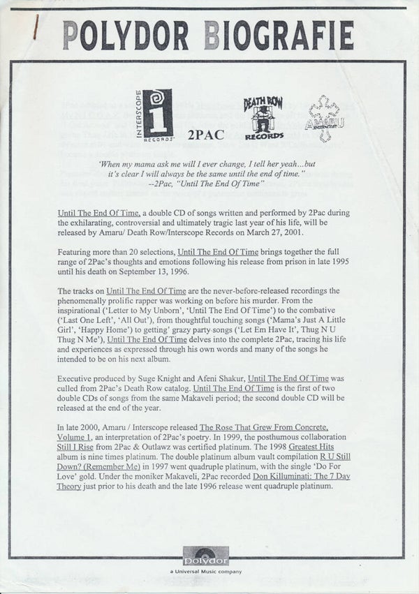 2Pac - Tupac - Polydor Biography - March 2001 [Holland] - Press Release