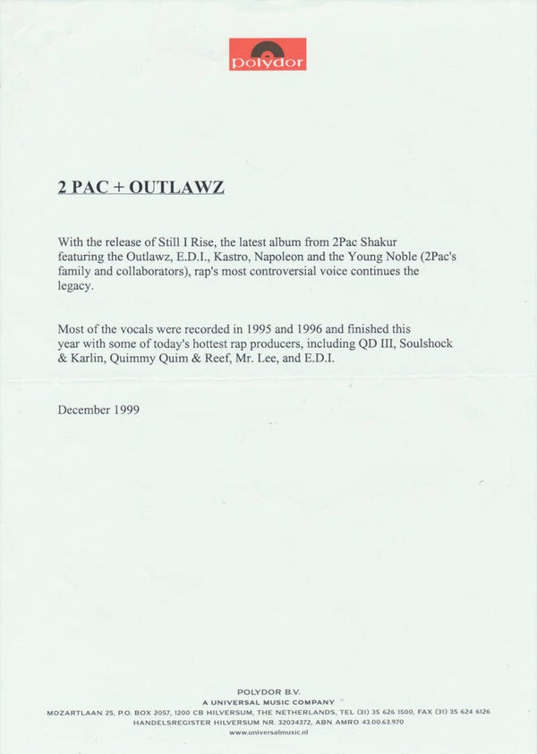 2Pac - Tupac - December 1999 [Holland] - Press Release