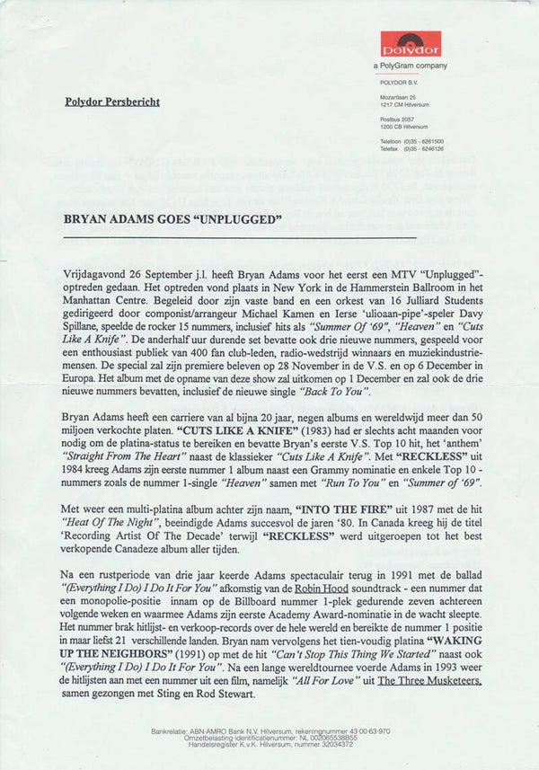 Bryan Adams - Polydor Persbericht - Bryan Adams Goes Unplugged - November 1997 [Holland] - Press Release