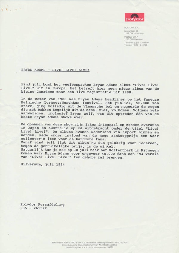 Bryan Adams - Live! Live! Live! - July 1994 [Holland] - Press Release