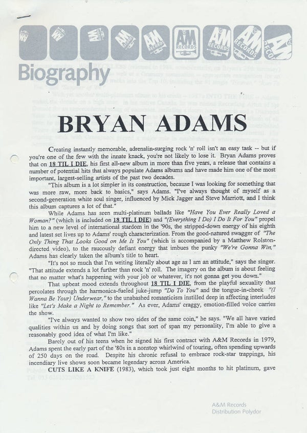 Bryan Adams - A&M Biography - 18 Til I Die - June 1996 [Holland] - Press Release