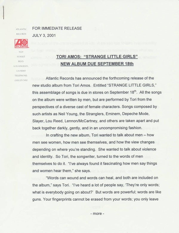 Tori Amos - Strange Little Girls - July 3, 2001 [USA] - Press Kit