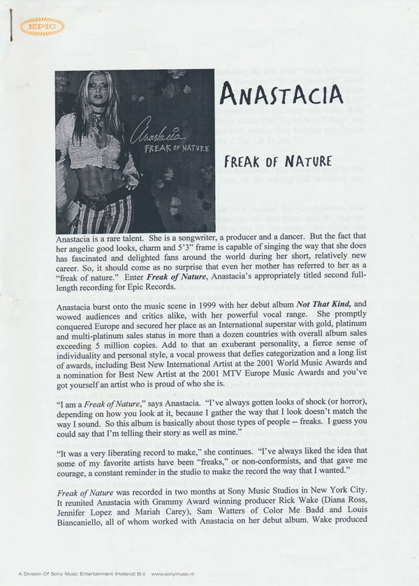 Anastacia - Freak Of Nature - October 2001 [Holland] - Press Release
