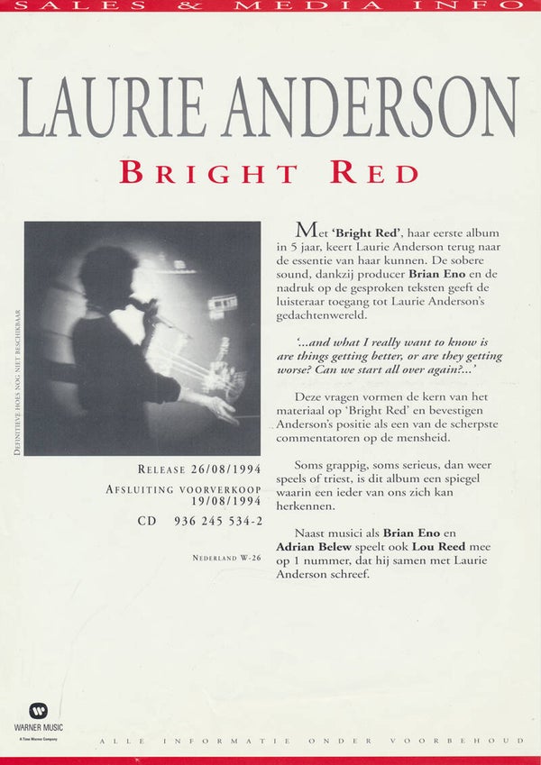 Laurie Anderson (Lou Reed) - Bright Red - August 1994 [Holland] - Press Release