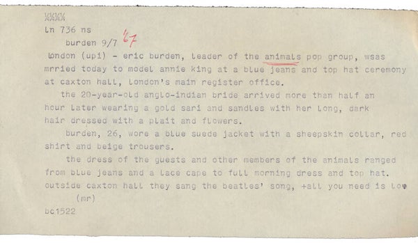 The Animals - July 9, 1967 [Holland] - Telex Message