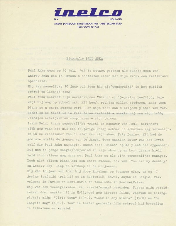 Paul Anka - Biografie - Summer 1964 [Holland] - Press Release