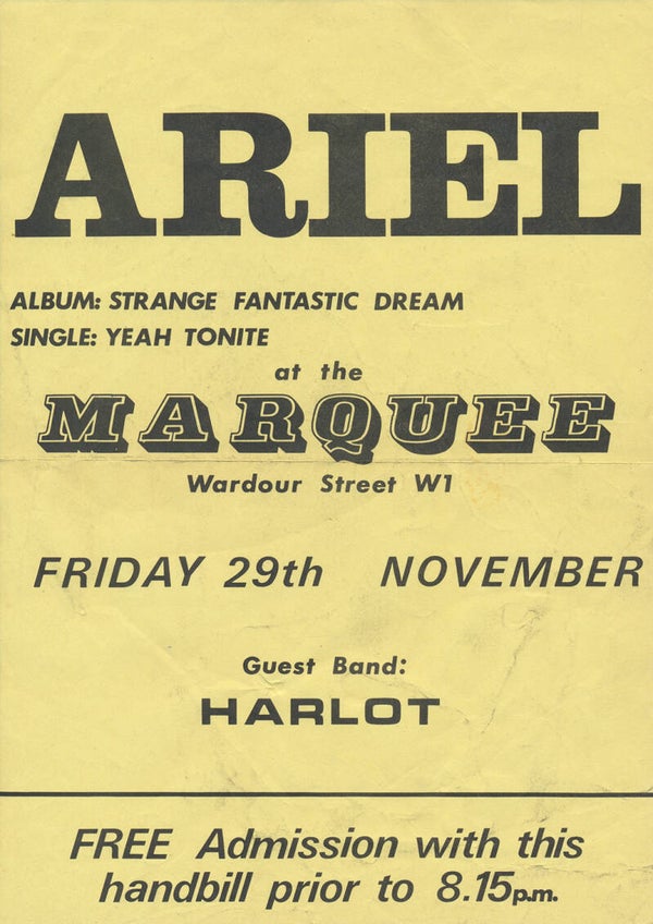 Ariel - Harlot - Marquee, London, November 29, 1974 [UK] - Handbill