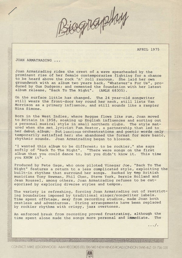 Joan Armatrading - Biography - April 1975 [UK] - Press Kit