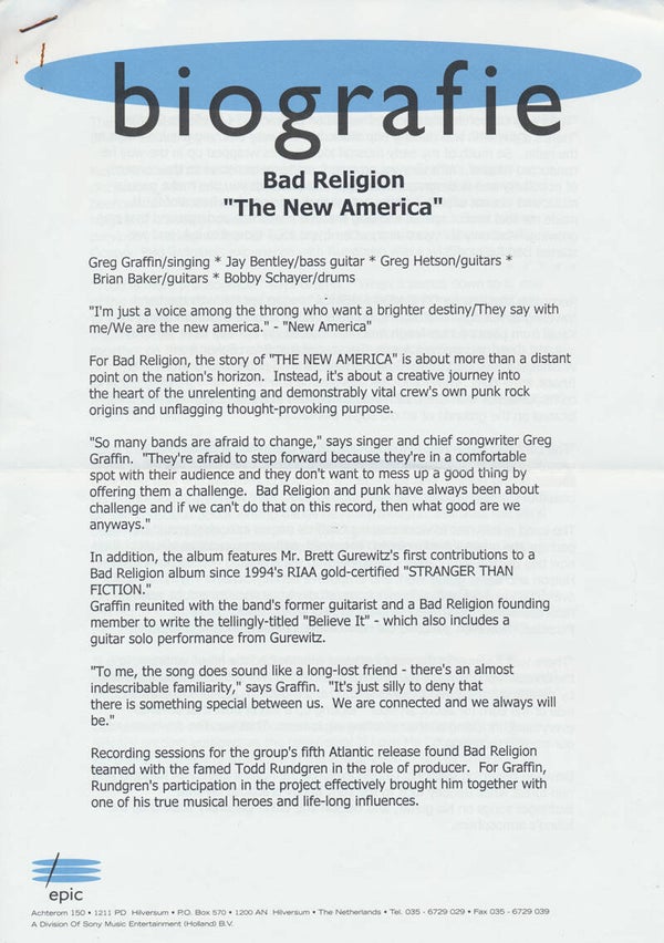Bad Religion - The New America - 2000 [Holland] - Press Release