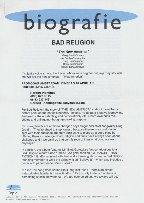 Bad Religion - The New America - 2000 [Holland] - Press Release