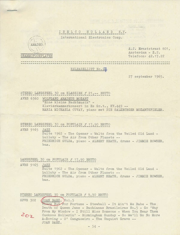 Joan Baez - Inelco Releaselijst 27 - September 27, 1965 [Holland] - Release Sheet