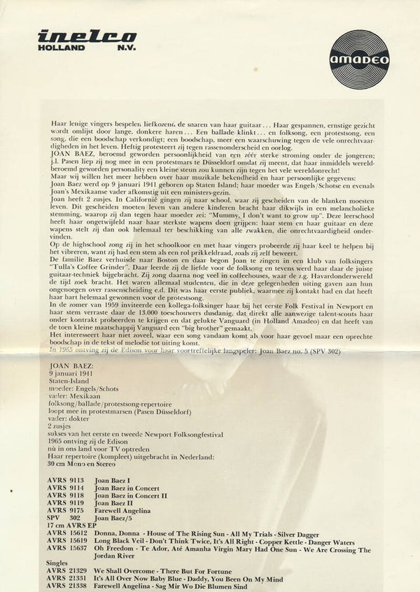 Joan Baez - 1966 [Holland] - Press Release