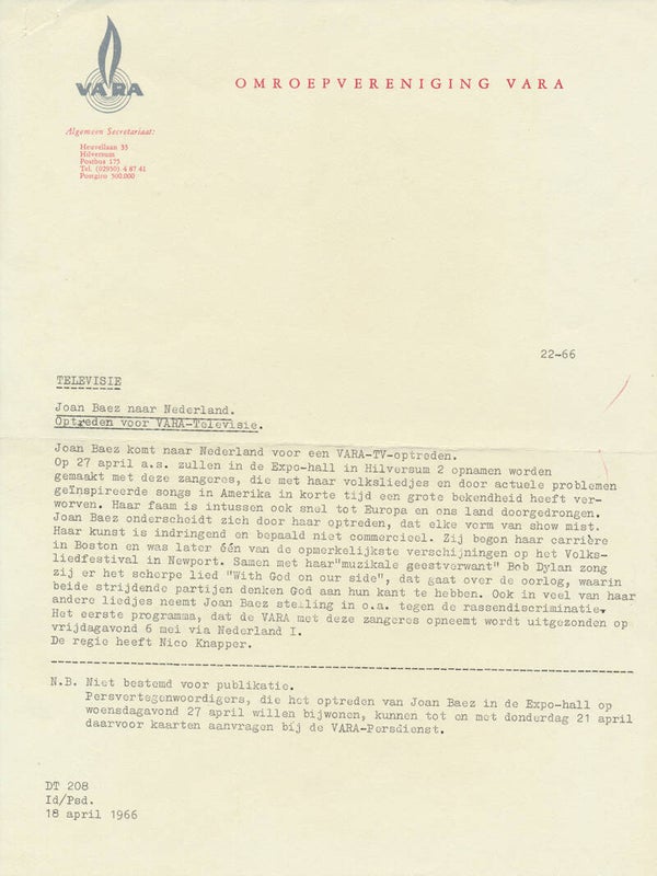 Joan Baez - Joan Baez naar Nederland - April 18, 1966 [Holland] - Press Release