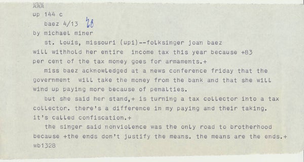 Joan Baez - April 13, 1968 [Holland] - Telex Message