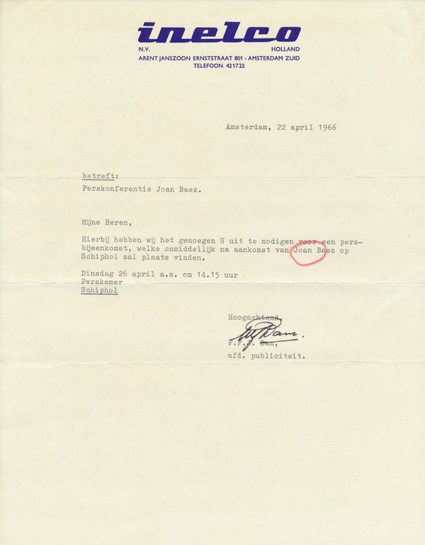 Joan Baez - Perskonferentie Joan Baez - April 22, 1966 [Holland] - Press Release