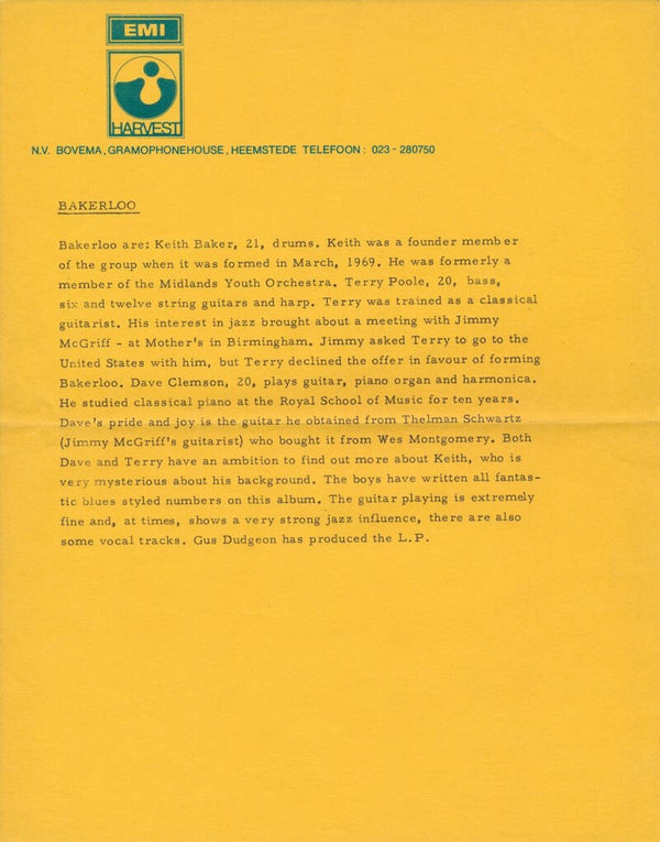Bakerloo - Harvest - 1969 [Holland] - Press Release