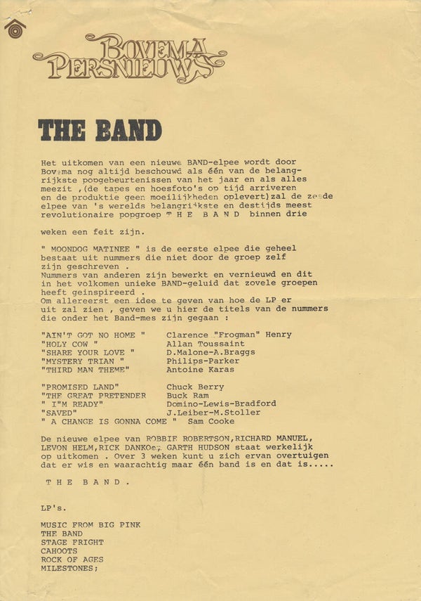 The Band - Bovema Persnieuws - 1973 [Holland] - Press Release