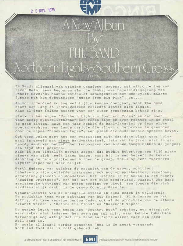 The Band - Ringo Starr (The Beatles) - Northern Lights Southern Cross / Blast From Your Past - November 28, 1975 [Holland] - Press Release