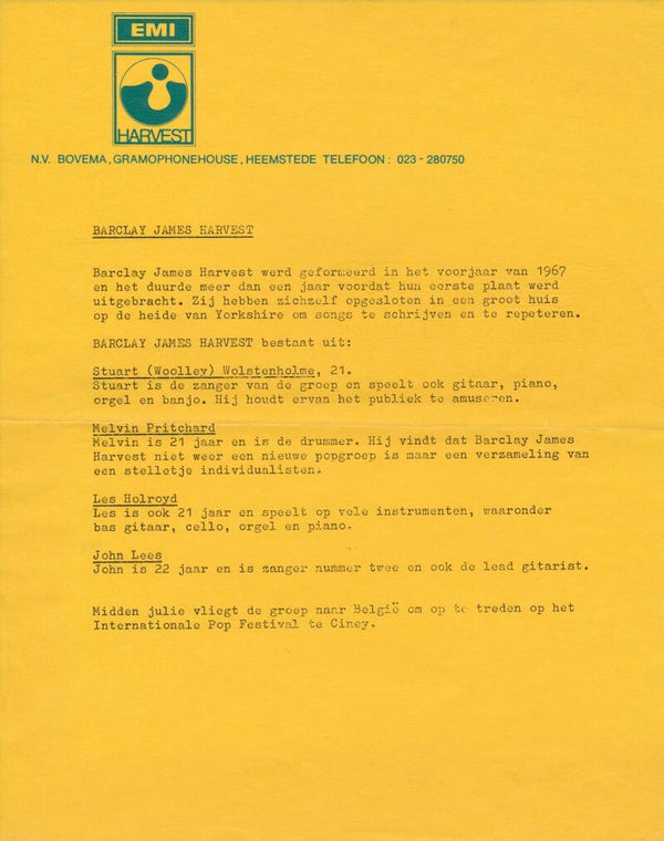 Barclay James Harvest - Harvest - 1970 [Holland] - Press Release