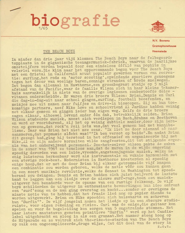 The Beach Boys - January 1965 [Holland] - Press Release