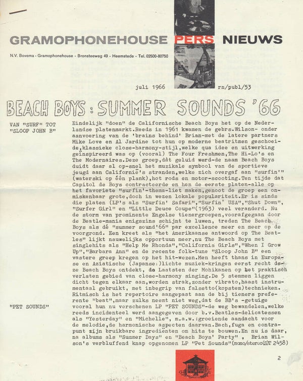 The Beach Boys - Summer Sounds '66 [Holland] - Press Release