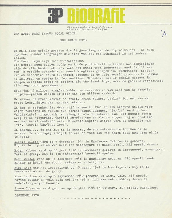 The Beach Boys - 3P Biografie - December 1970 [Holland] - Press Kit
