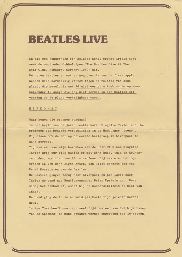 The Beatles - Live At The Star-Club Hamburg Germany 1962 - May 1977 [Holland] - Press Release