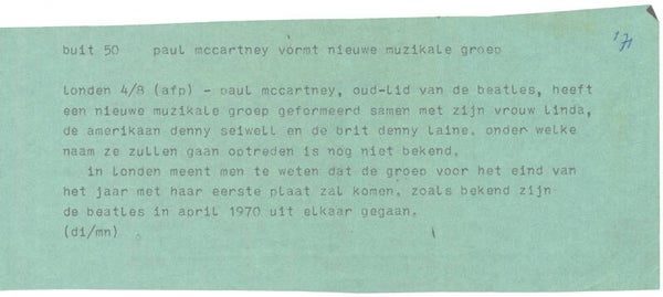 The Beatles - Paul McCartney - August 4, 1971 [Holland] - Telex Message