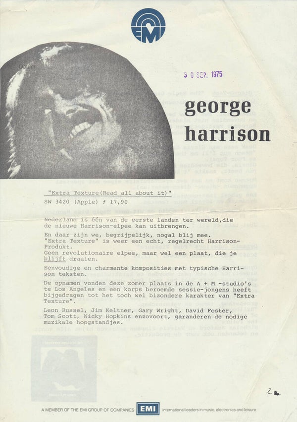 The Beatles - George Harrison - Extra Texture - September 30, 1975 [Holland] - Press Release