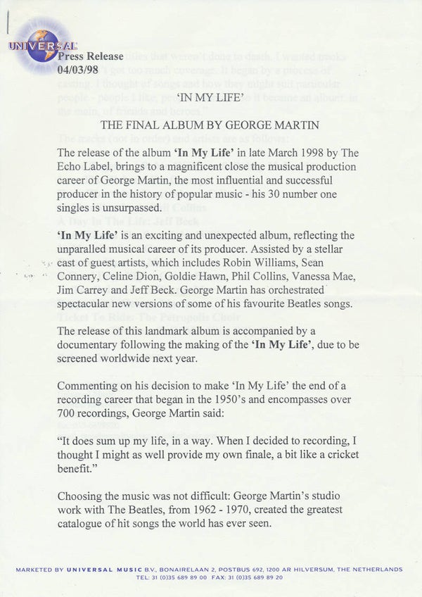 The Beatles - George Martin - In My Life - March 4, 1998 [Holland] - Press Release