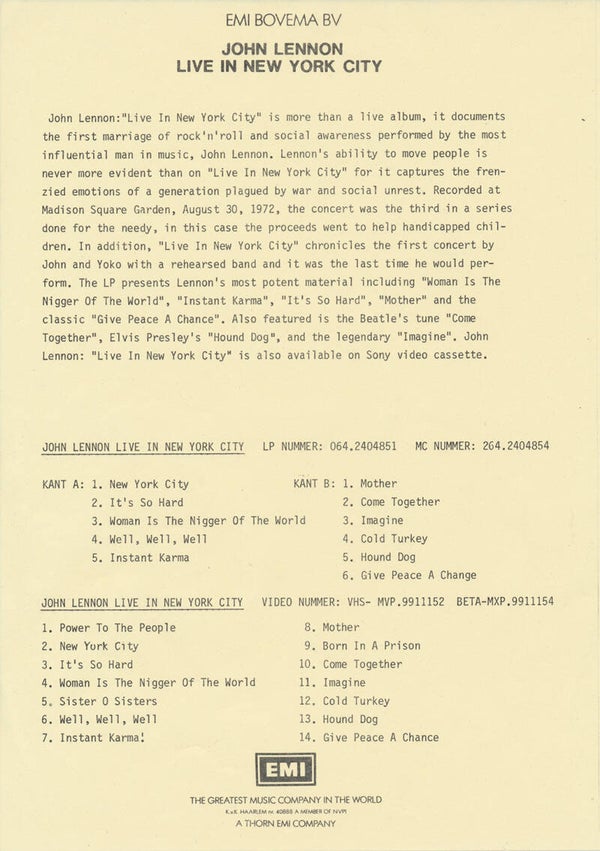 The Beatles - John Lennon - Live In New York City - 1986 [Holland] - Press Release