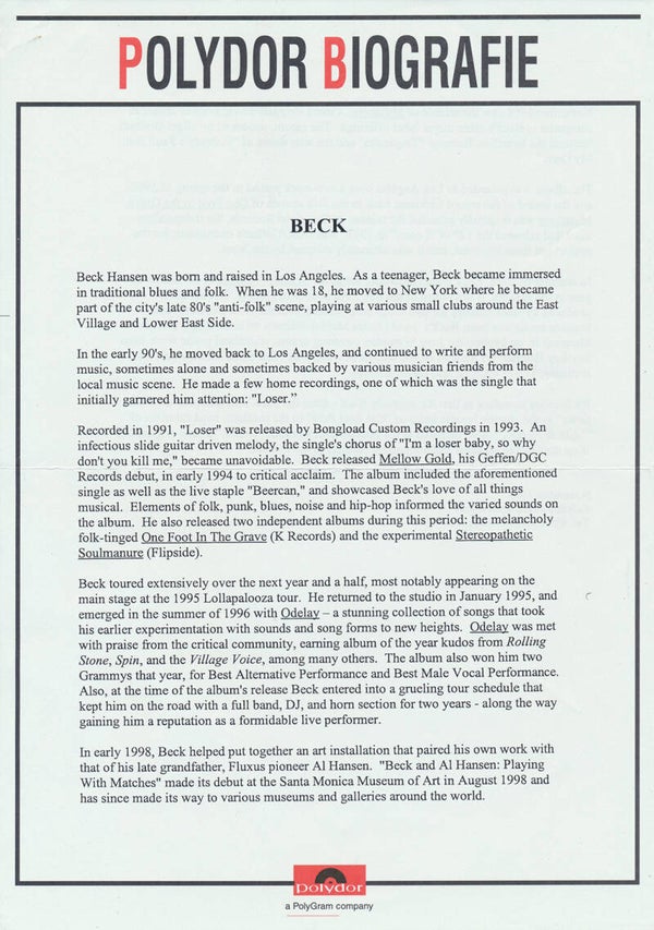 Beck - Polydor Biografie - November 1999 [Holland] - Press Release