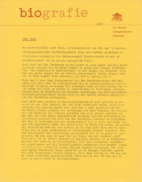 Jeff Beck - Biografie - May 1967 [Holland] - Press Release