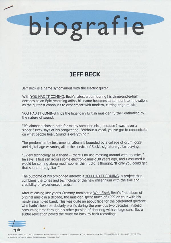 Jeff Beck - You Had It Coming - 2000 [Holland] - Press Release
