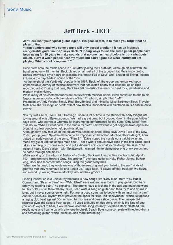 Jeff Beck - Jeff - 2003 [Holland] - Press Release
