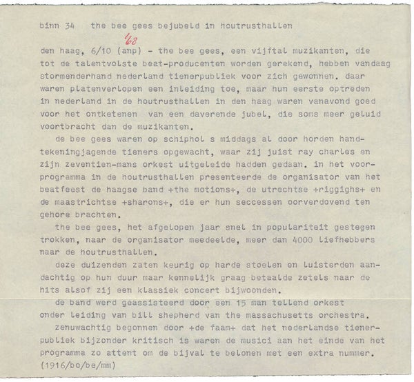 Bee Gees - October 6, 1968 [Holland] - Telex Message