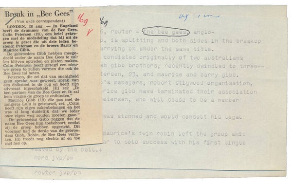 Bee Gees - August 26, 1969 [Holland] Telex Messages + Article