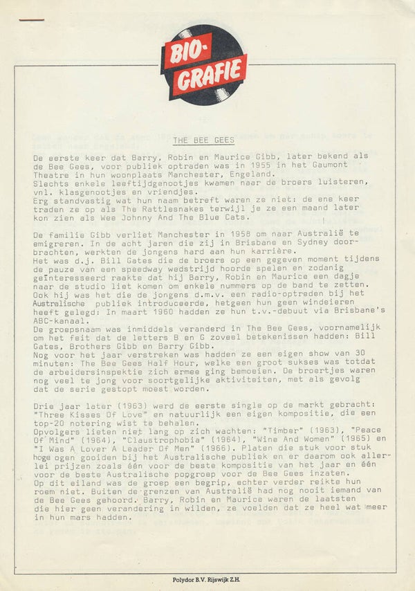 Bee Gees - Biografie - March 1978 [Holland] - Press Release