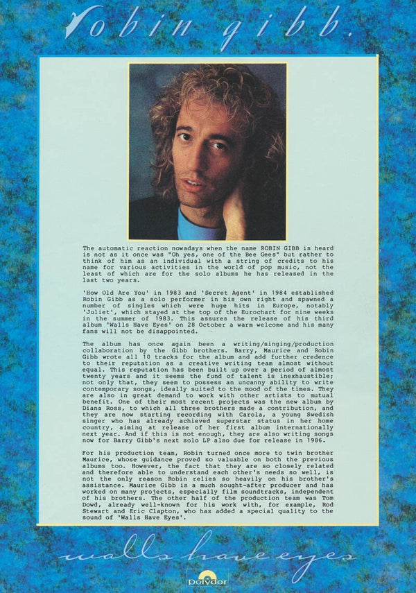 Robin Gibb (Bee Gees) - Walls Have Ears - October 1985 [Holland] - Press Kit