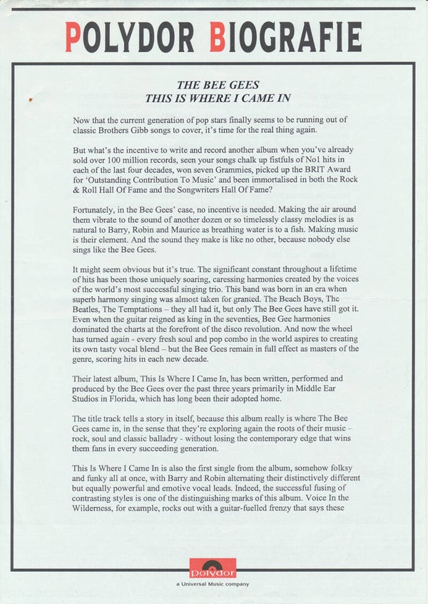 Bee Gees - This Is Where I Came In - April 2, 2001 [Holland] - Press Release