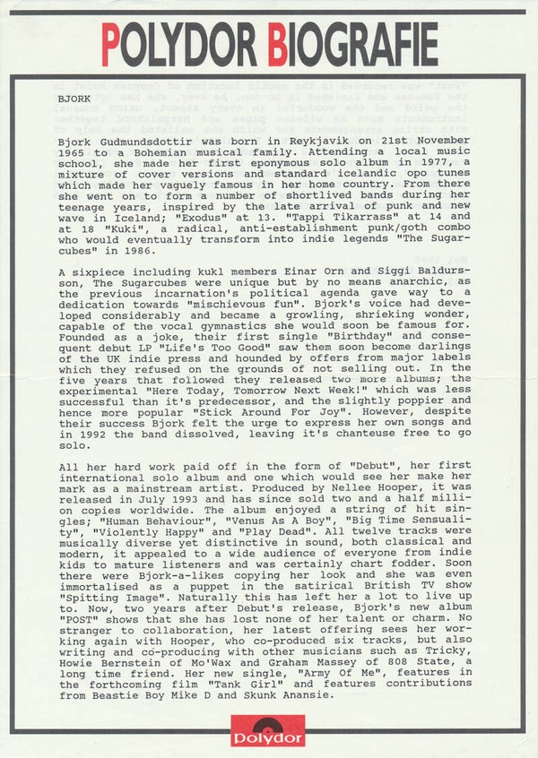 Björk - Polydor Biografie - May 1995 [Holland] - Press Release