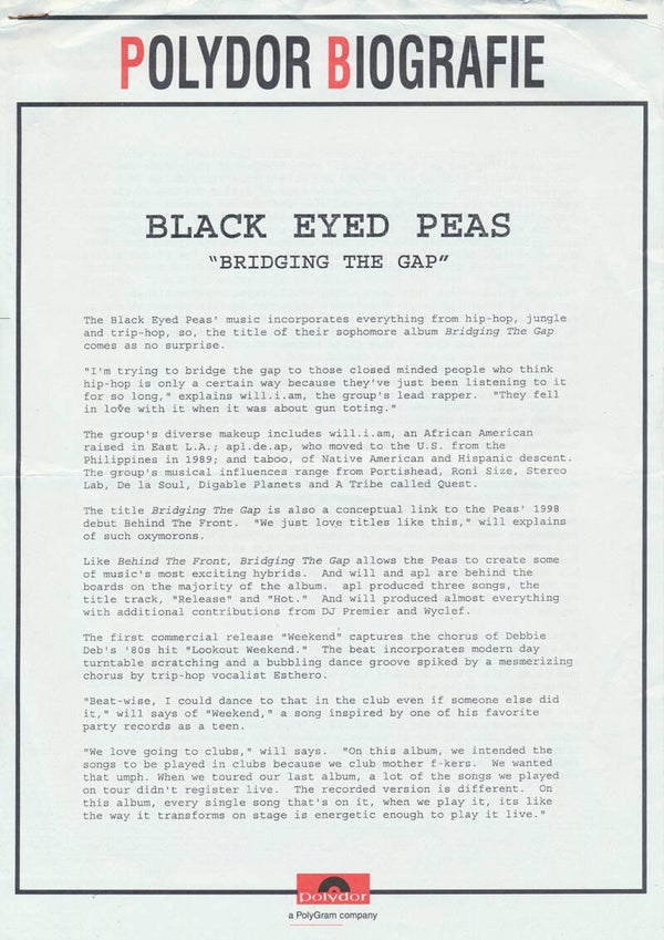 Black Eyed Peas - Bridging The Gap - September 2000 [Holland] - Press Release