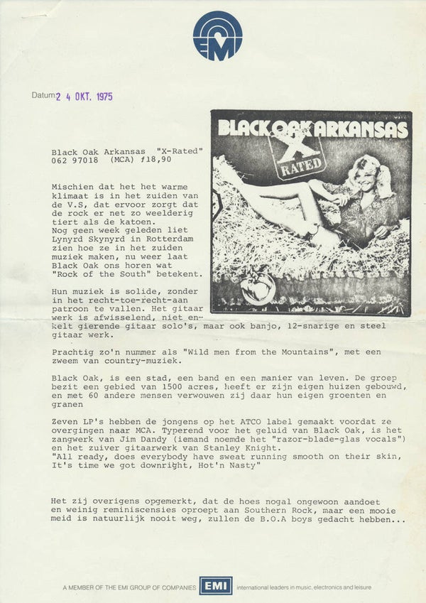 Black Oak Arkansas - X-Rated - October 24, 1975 [Holland] - Press Release