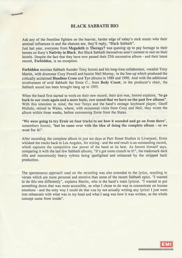 Black Sabbath - Forbidden - June 1995 [Holland] - Press Release
