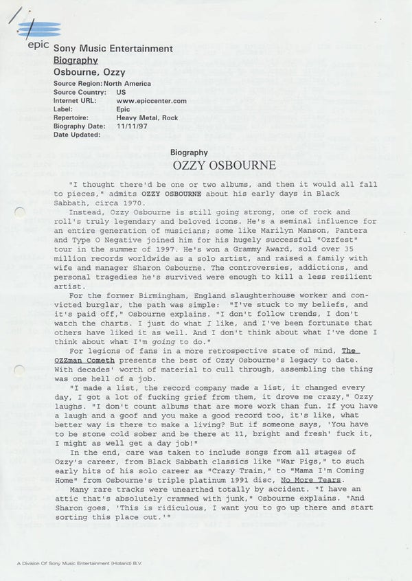 Ozzy Osbourne (Black Sabbath) - Biography - November 11, 1997 [Holland] - Press Release