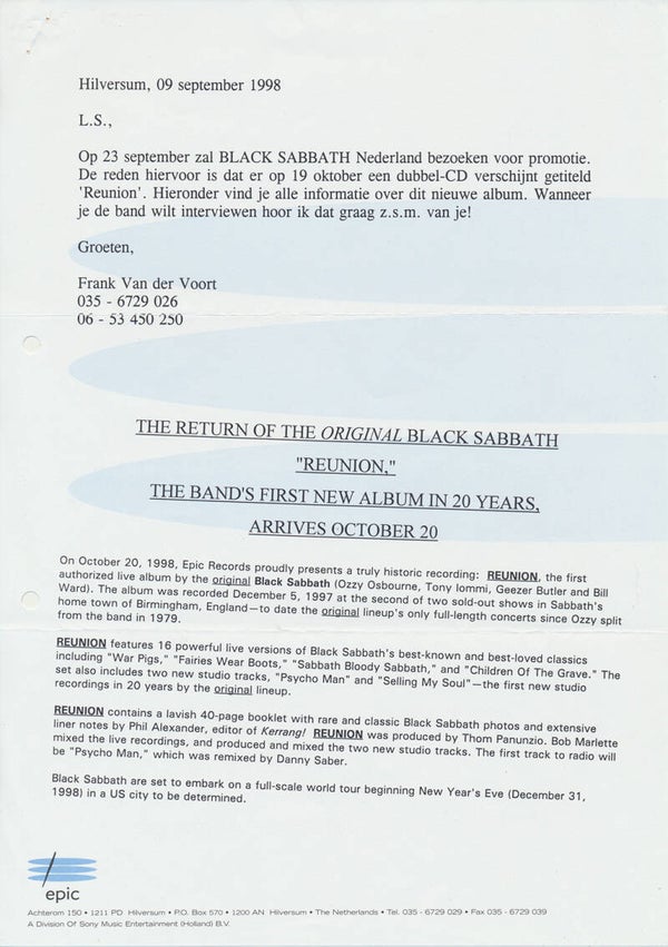 Black Sabbath - September 9, 1998 [Holland] - Press Release / Invite