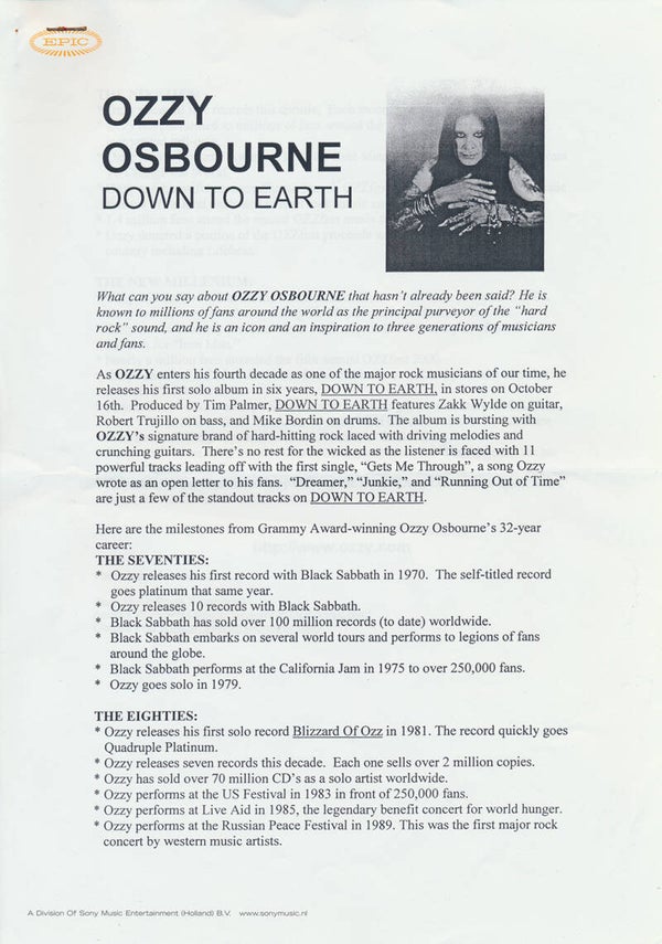 Ozzy Osbourne - Down To Earth - 2001 [Holland] - Press Release